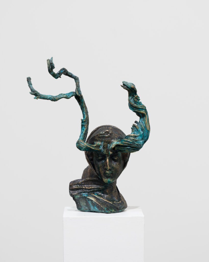 Marco De Sanctis, La Pleureuse (The sweeper), bronze sculpture with natural green copper patina caused by weather agents (rain), 170 (on basement) x 30 x 25 evolving sculpture, 1/1.